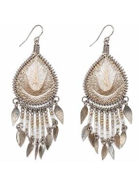 Vintage Handmade Threaded Dreamcatcher Dangle Earrings Silver Tone